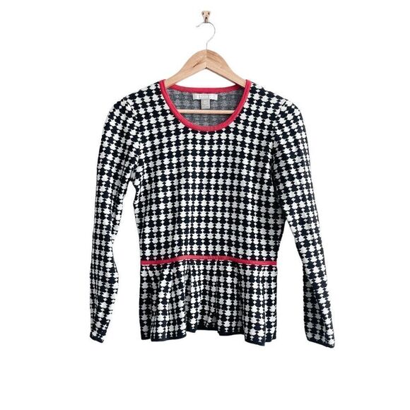 Banana Republic Houndstooth Peplum Sweater Black White Red Small - Picture 1 of 7